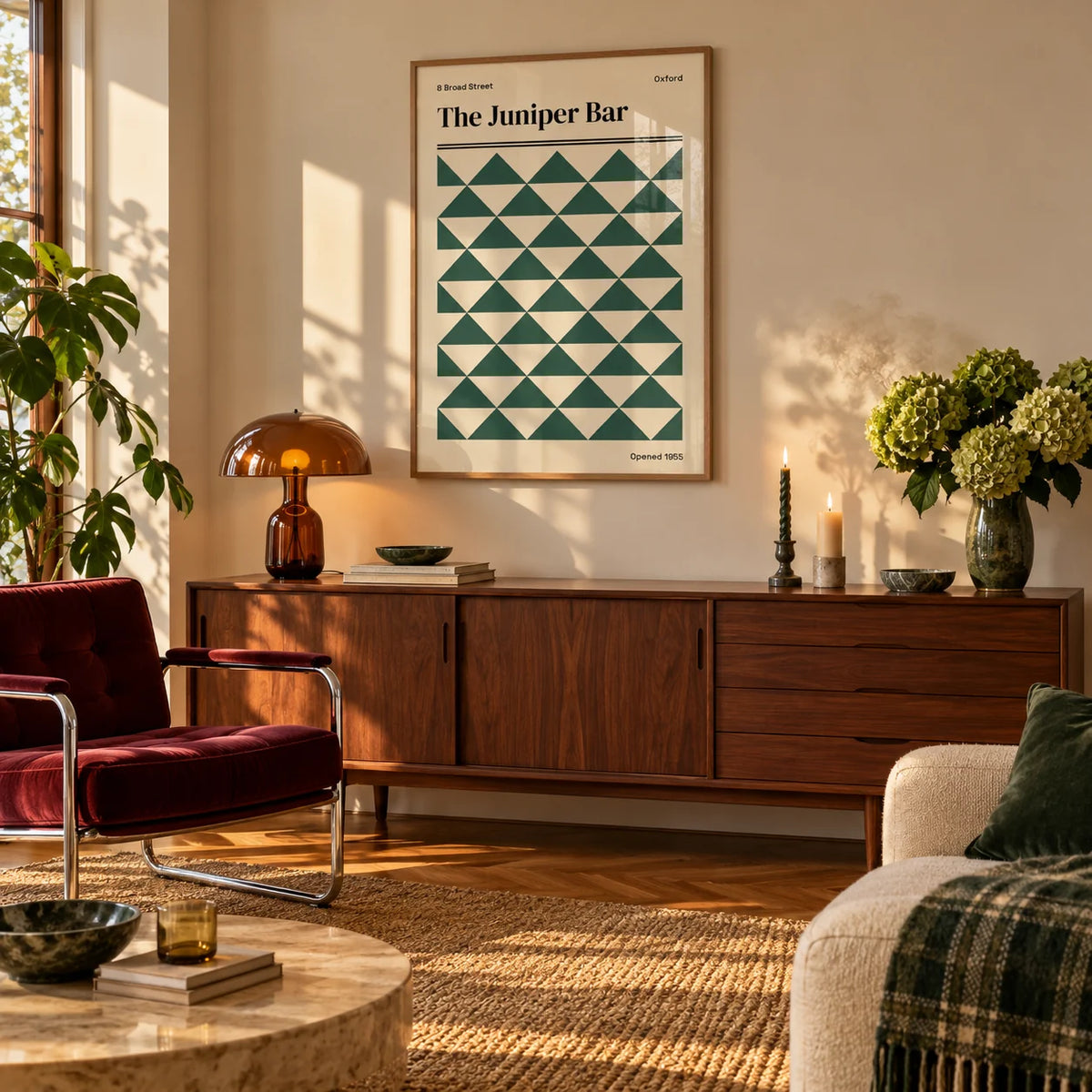 Oxford Print, framed on the wall of a warm mid-century living room in late afternoon light