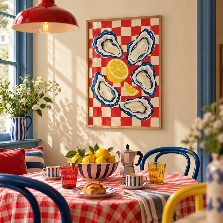 Oyster Print, framed on the wall of a bright breakfast nook in a kitchen