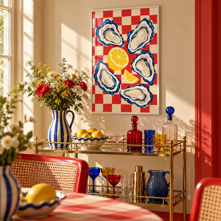 Oyster Print, framed on the wall of a colourful dining corner