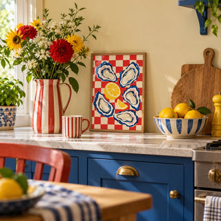 Oyster Print, a small A4 framed print leaning on a kitchen worktop