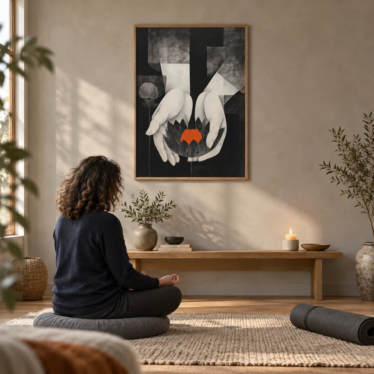 Padma Wall Art, framed on the wall of a calm meditation room with a warm grey limewashed wall in a living room