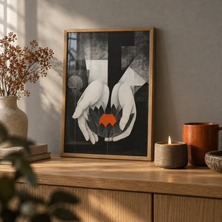 Padma Wall Art, a small A4 framed print leaning on an oak shelf in a living room