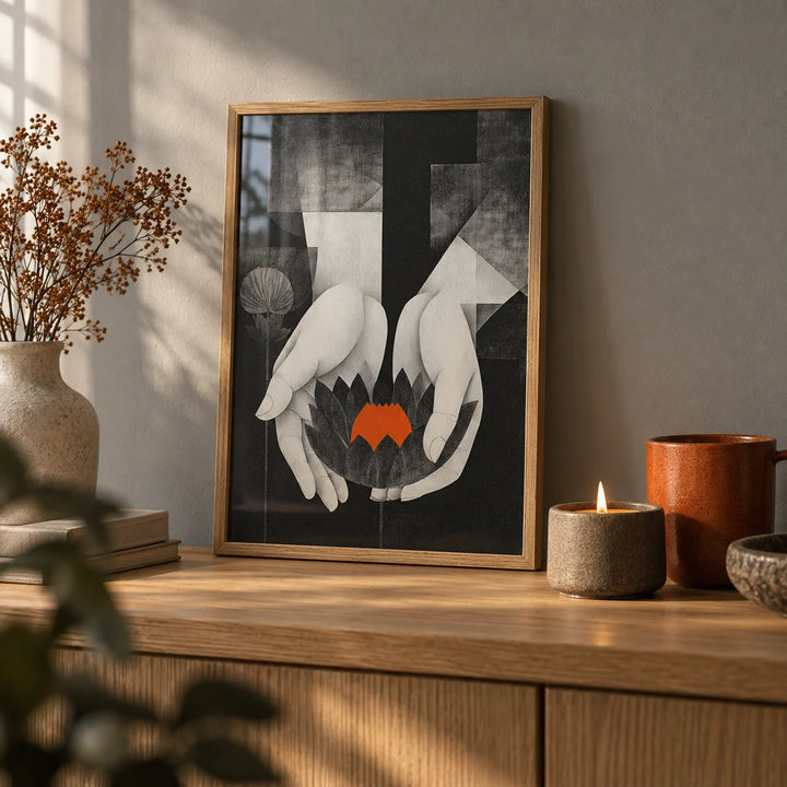 Padma Wall Art, a small A4 framed print leaning on an oak shelf in a living room