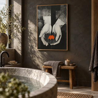 Padma Wall Art, framed on the wall of a spa-like bathroom with a dark microcement wall