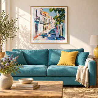 Paintings of Cuba, framed on the wall of a sunny living room with a warm white limewashed wall