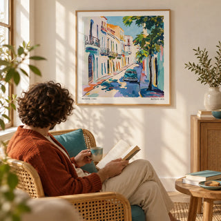 Paintings of Cuba, framed on the wall of a sunny reading spot with a warm white wall in a living room