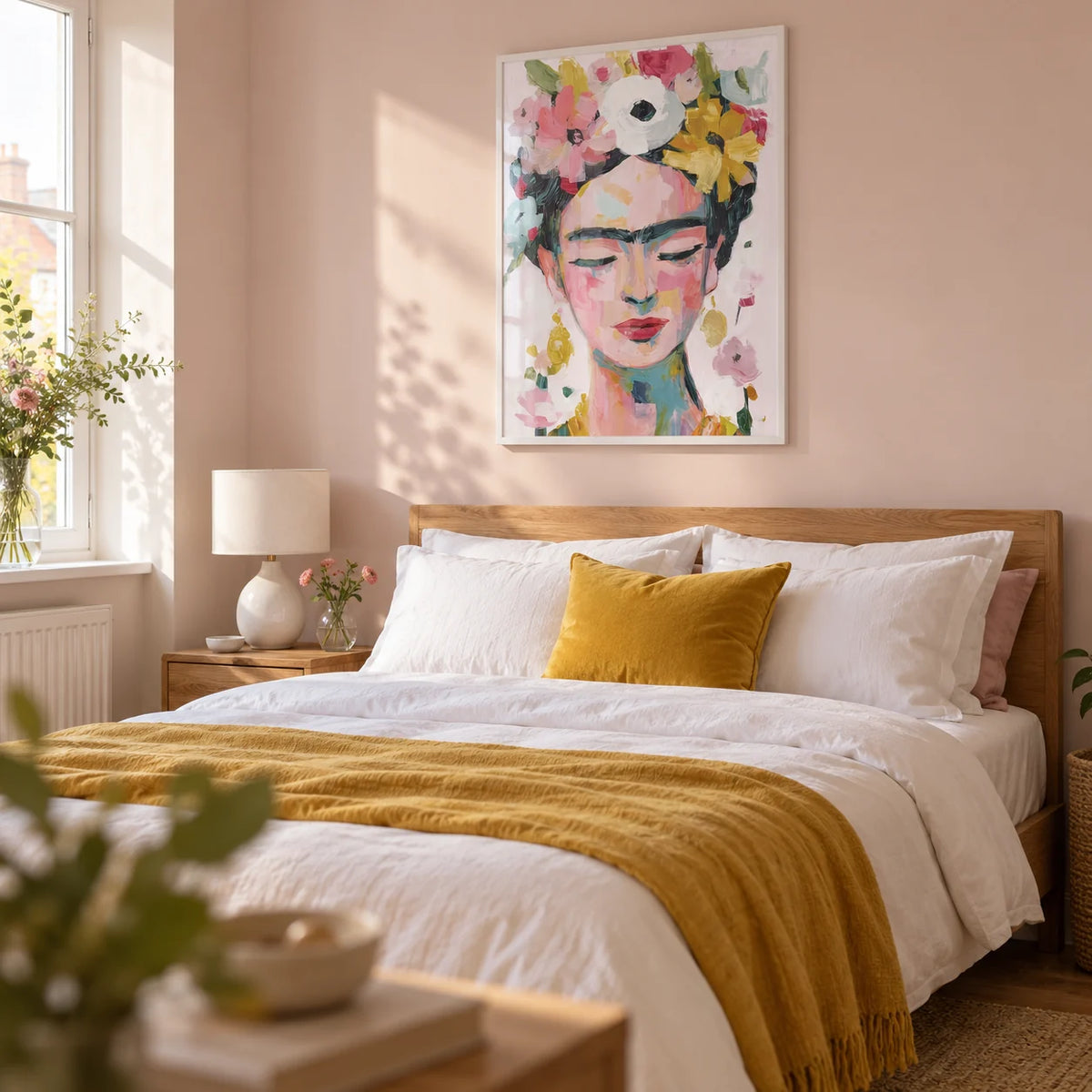 Paintings of Frida Kahlo, framed on the wall of a bright adult bedroom in a UK flat with pale blush walls and simple oak furniture
