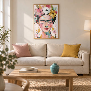 Paintings of Frida Kahlo, framed on the wall of a contemporary living room in a UK terrace with warm white plaster walls and an oak floor