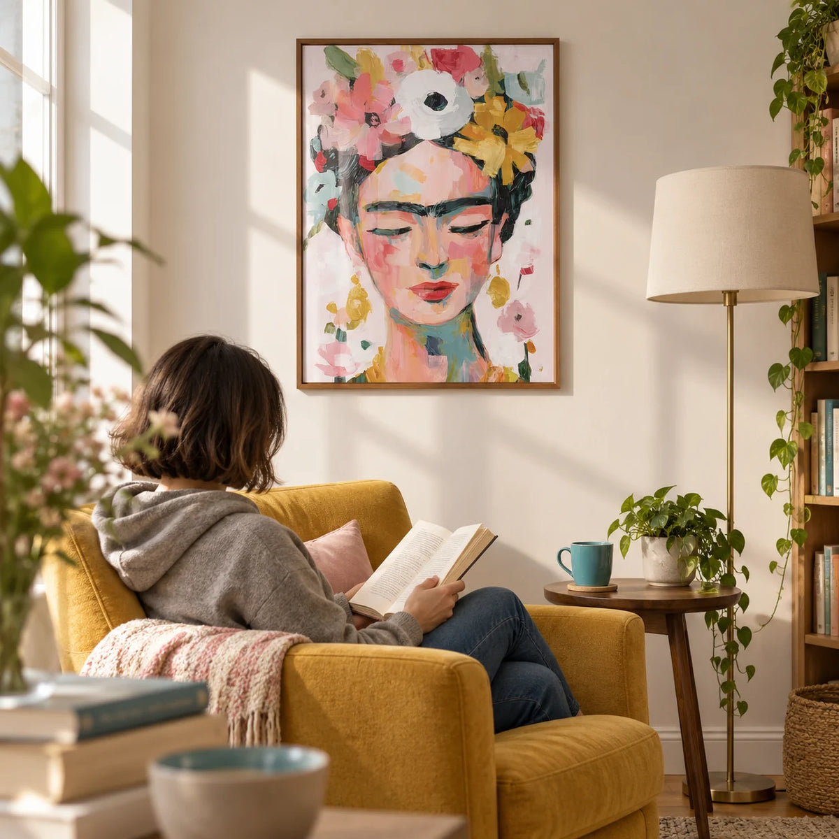 Paintings of Frida Kahlo, framed on the wall of a light-filled reading corner in a UK first flat for an art lover aged 25-35 in a living room