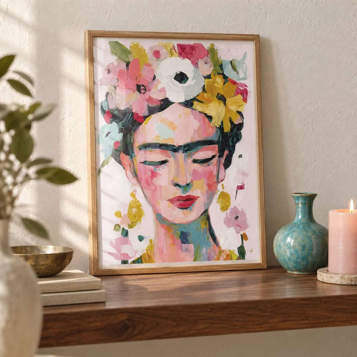 Paintings of Frida Kahlo, a small A4 framed print leaning on a walnut shelf in a living room