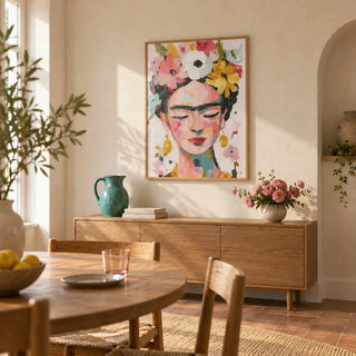 Paintings of Frida Kahlo, framed on the wall of a warm contemporary dining room in a UK townhouse with cream limewashed walls