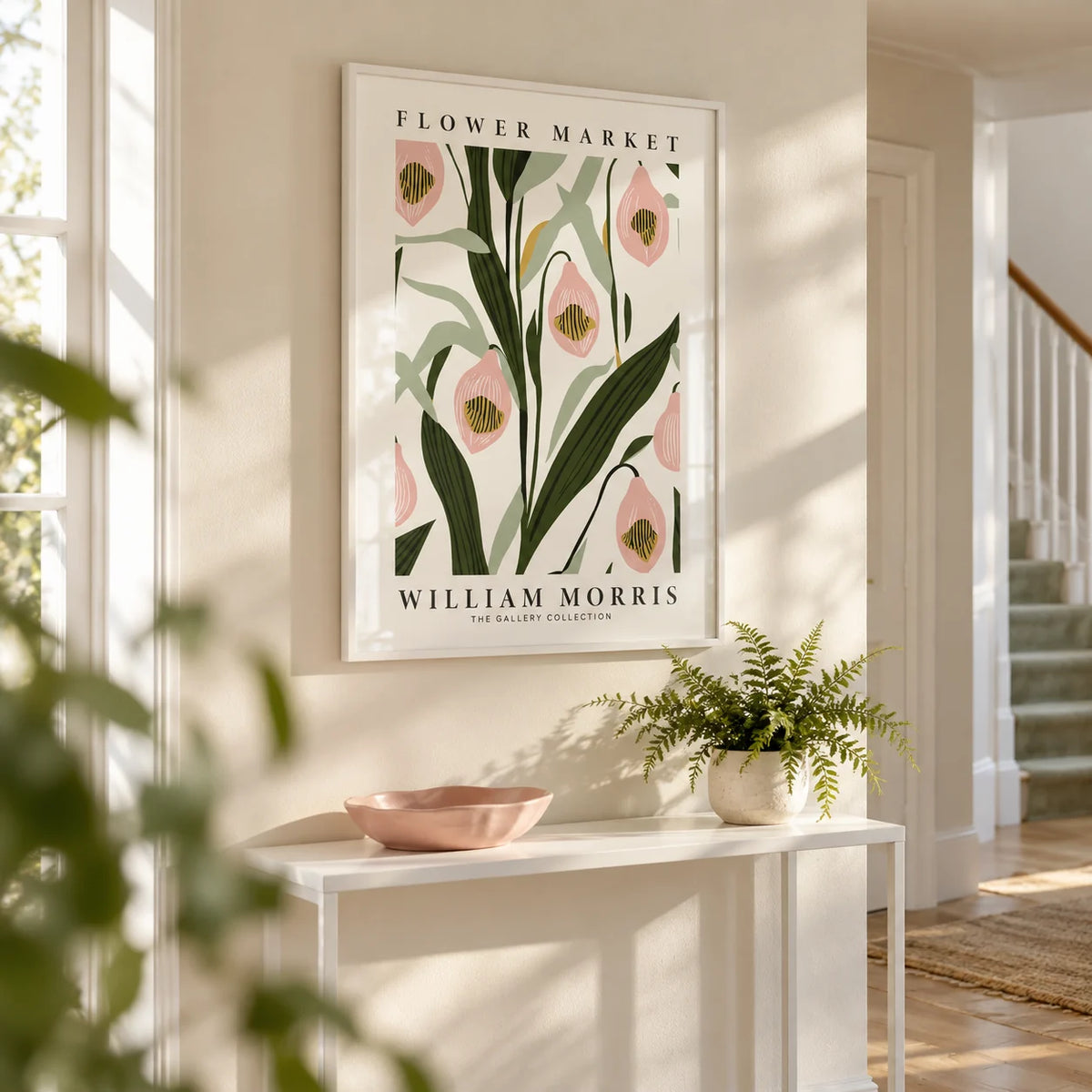 Paintings of Orchids, framed on the wall of a bright hallway with a warm white wall