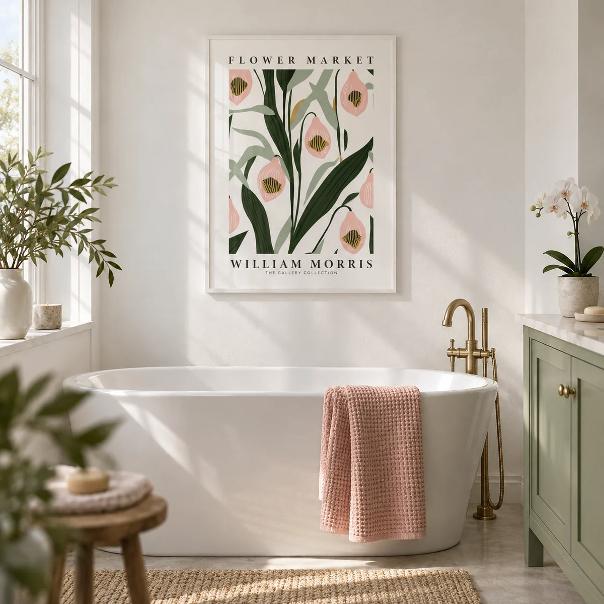 Paintings of Orchids, framed on the wall of a calm bathroom with plain white walls and a plain sage green painted vanity