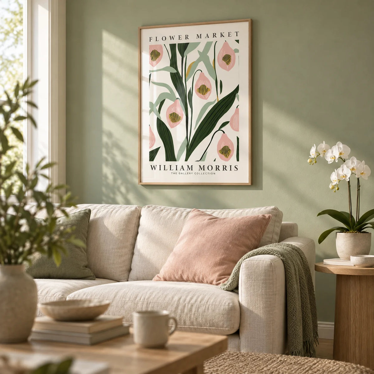 Paintings of Orchids, framed on the wall of a calm living room with a soft sage green wall