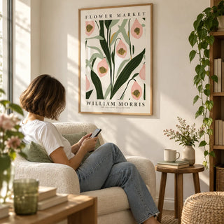 Paintings of Orchids, framed on the wall of a calm reading corner with a warm white wall in a living room