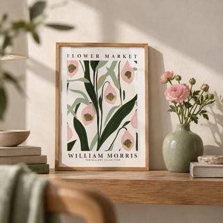 Paintings of Orchids, a small A4 framed print leaning on an oak shelf in a living room