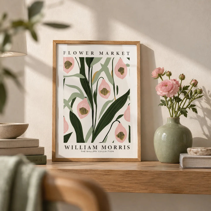 Paintings of Orchids, a small A4 framed print leaning on an oak shelf in a living room