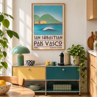 Pais Vasco Print shown in a kitchen above a coffee station (frame not included)