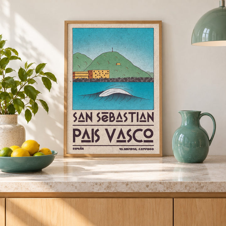 Pais Vasco Print shown in a kitchen, leaning on the counter (frame not included)