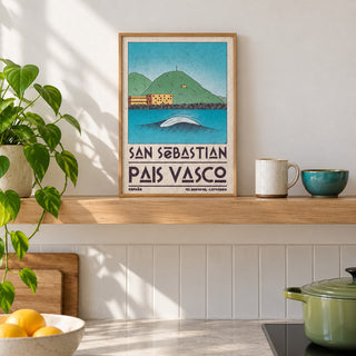 Pais Vasco Print shown in the small A4 size on a kitchen shelf (frame not included)