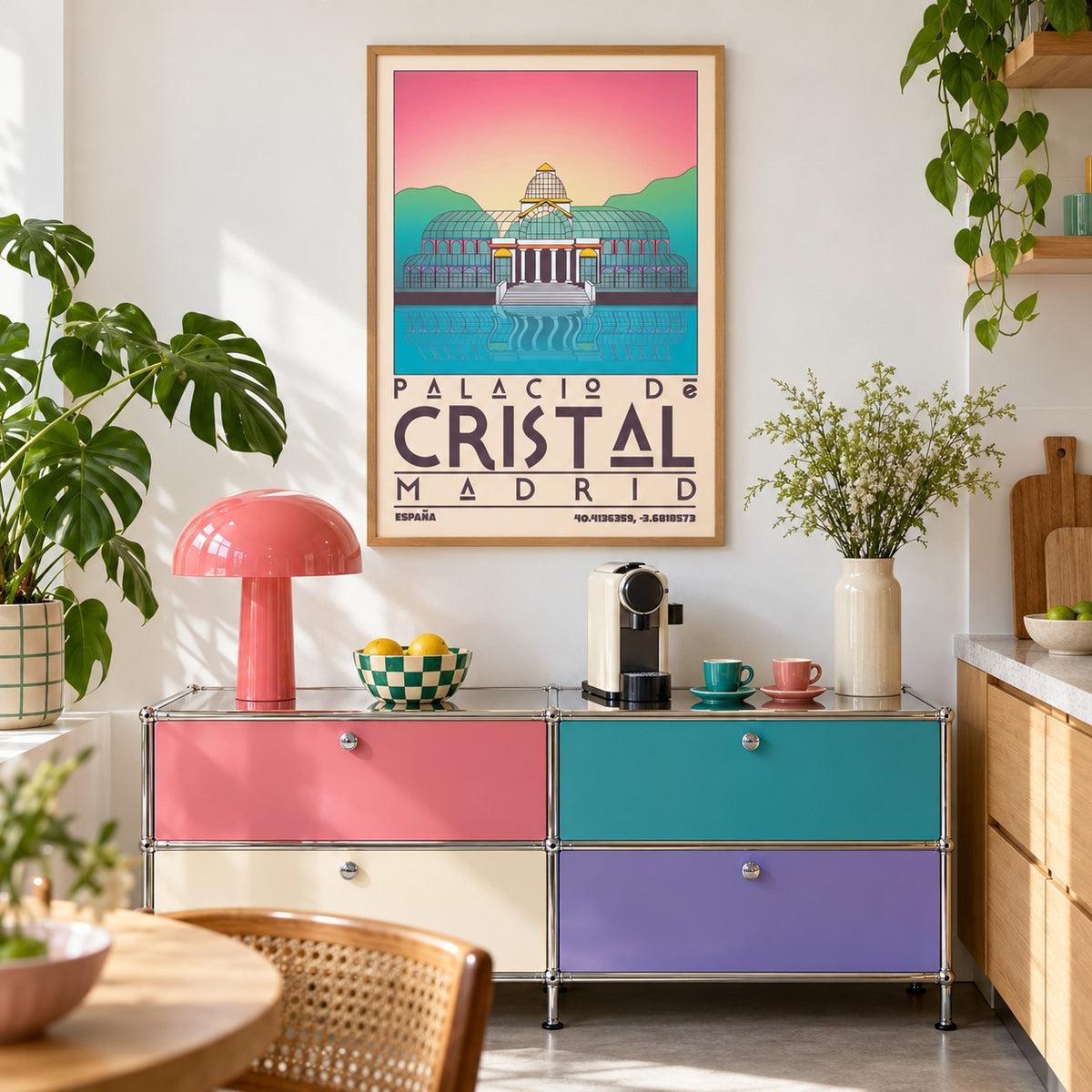 Palacio De Cristal Print shown in a kitchen above a coffee station (frame not included)