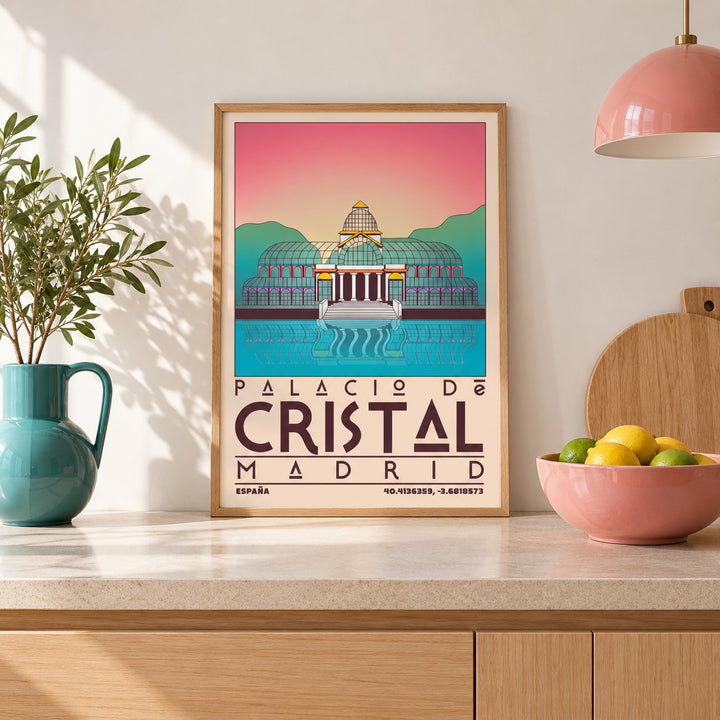 Palacio De Cristal Print shown in a kitchen, leaning on the counter (frame not included)