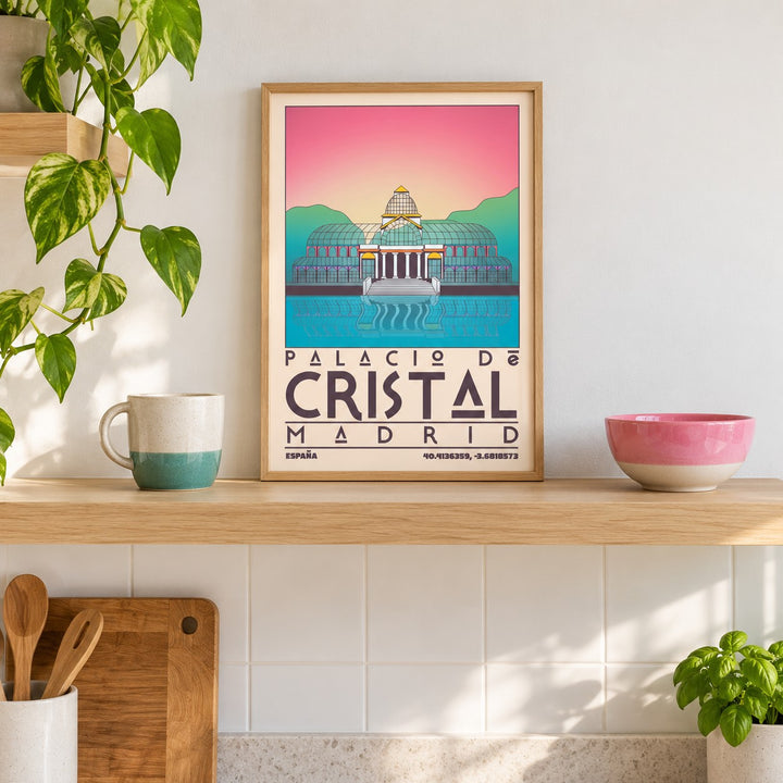 Palacio De Cristal Print shown in the small A4 size on a kitchen shelf (frame not included)