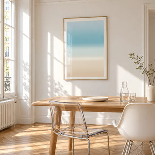 Pale Blue Wall Art, framed on the wall of a bright dining corner