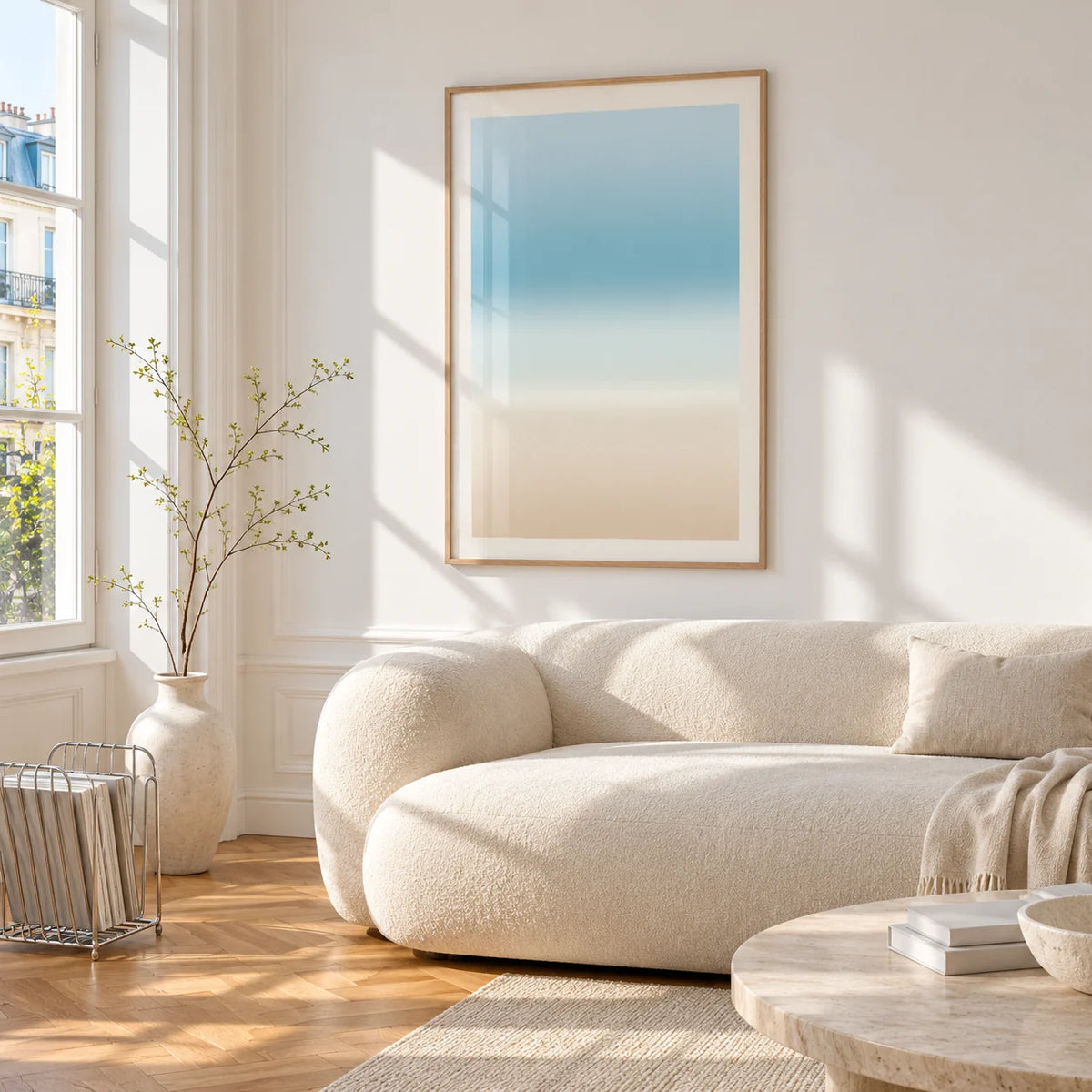Pale Blue Wall Art, framed on the wall of a bright living room corner