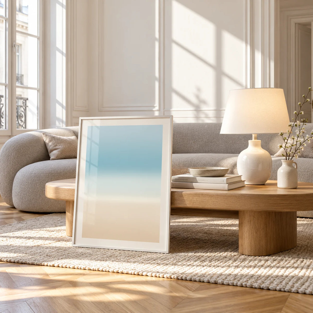 Pale Blue Wall Art, framed and leaning against a coffee table in a bright living room