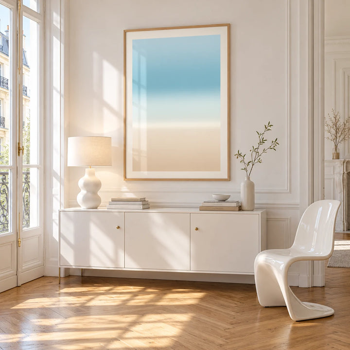 Pale Blue Wall Art, framed on the wall of a bright Paris style apartment in a living room