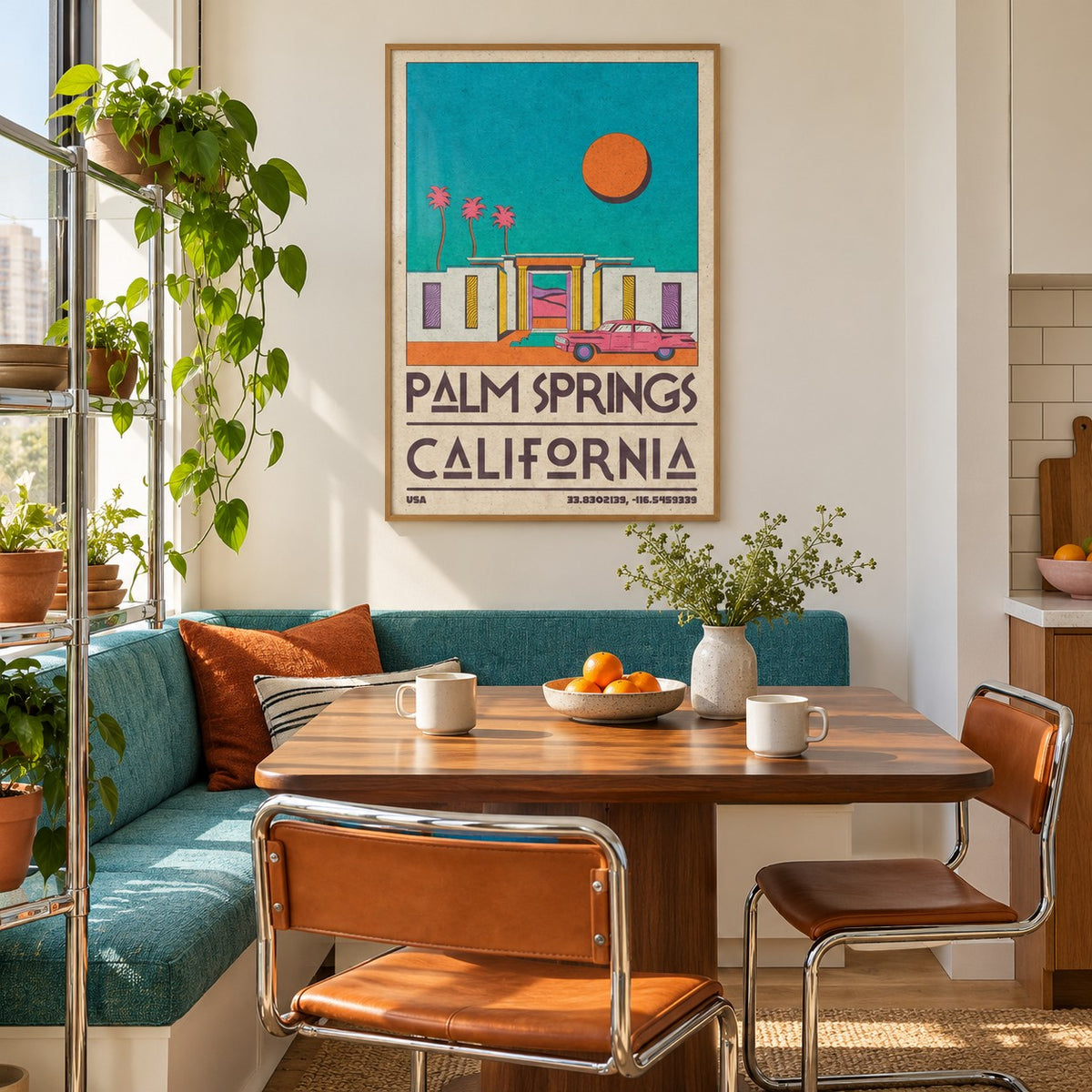 Palm Springs Art Print shown in a breakfast nook (frame not included)