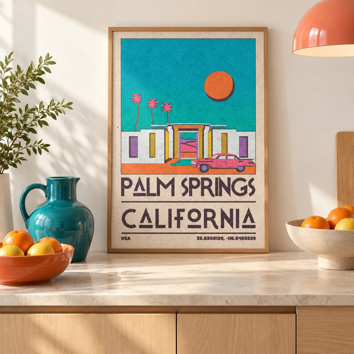 Palm Springs Art Print shown in a kitchen, leaning on the counter (frame not included)