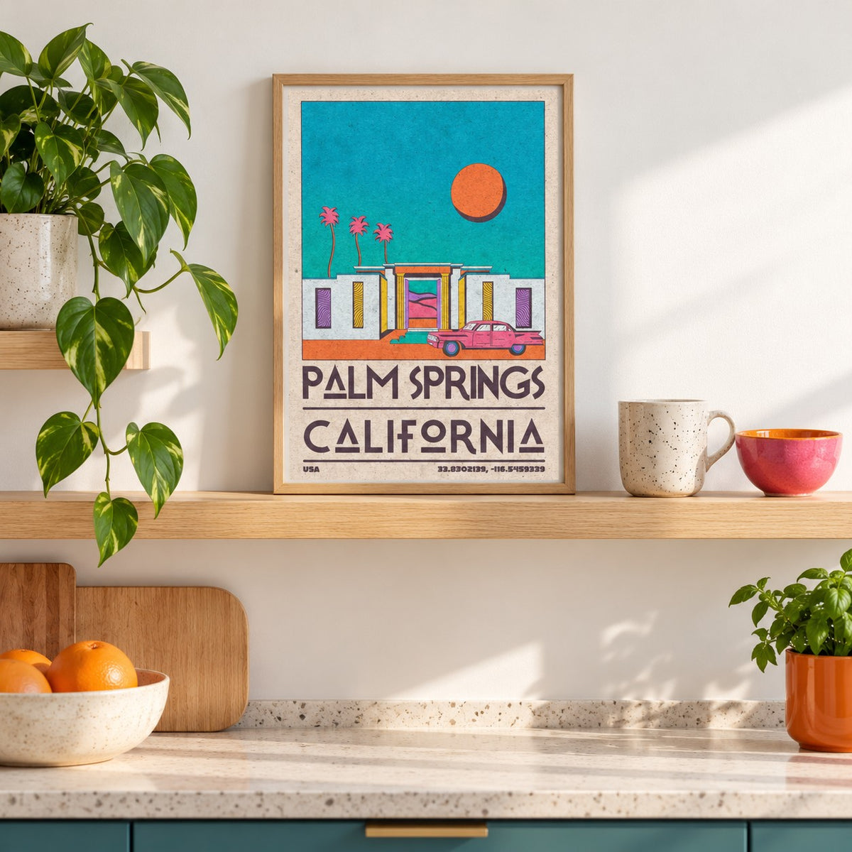 Palm Springs Art Print shown in the small A4 size on a kitchen shelf (frame not included)