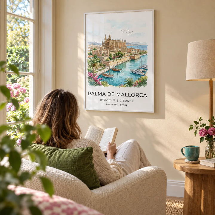 Palma De Mallorca Art Print, framed on the wall of a quiet reading corner in a bright UK garden-facing sitting room with pale sandstone walls in a living room