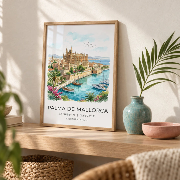 Palma De Mallorca Art Print, a small A4 framed print leaning on a pale oak shelf in a living room