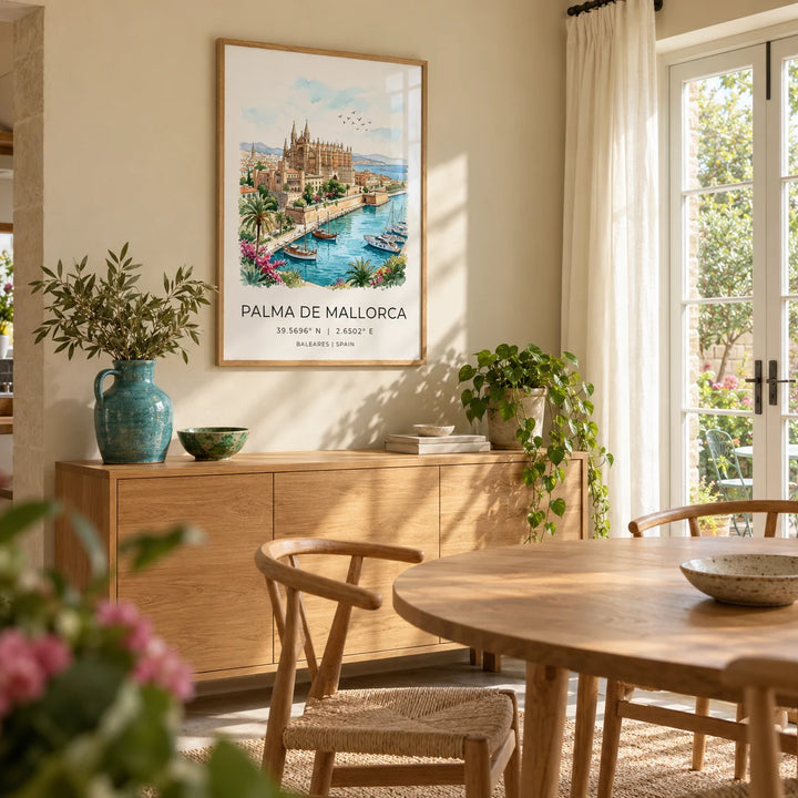 Palma De Mallorca Art Print, framed on the wall of a sunlit dining room in a British family home with pale sandstone walls and French doors to a small garden