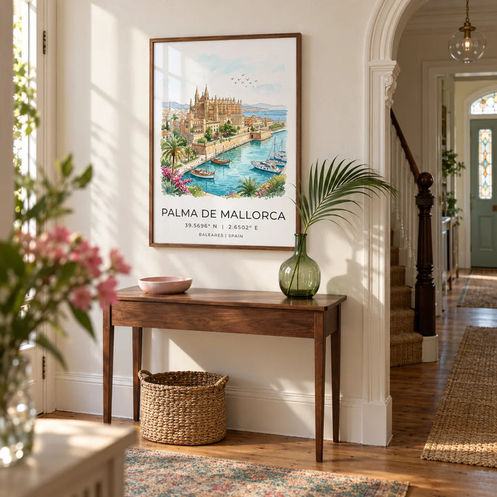 Palma De Mallorca Art Print, framed on the wall of a welcoming hallway in a Victorian terrace with ivory walls