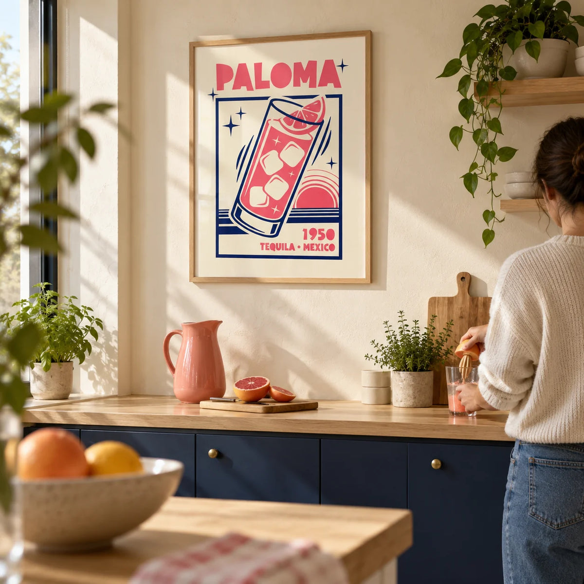 Paloma Cocktail Print, framed on the wall of a bright modern kitchen in a first flat for a couple aged 25-35