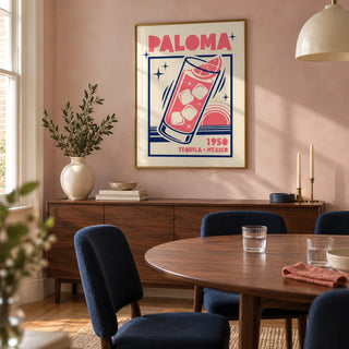 Paloma Cocktail Print, framed on the wall of a compact dining room in a renovated UK terrace with pale pink plaster walls and a simple cream pendant