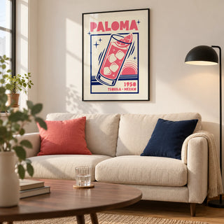 Paloma Cocktail Print, framed on the wall of a graphic modern living room in a UK apartment with a warm white wall and a plain oak floor