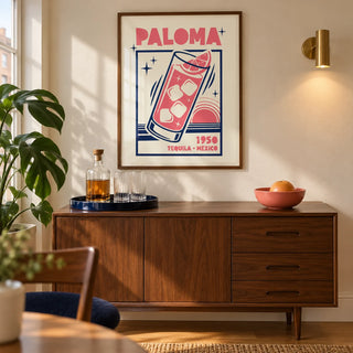 Paloma Cocktail Print, framed on the wall of a mid-century home bar corner in a UK city flat with a warm cream wall and oak floor in a living room