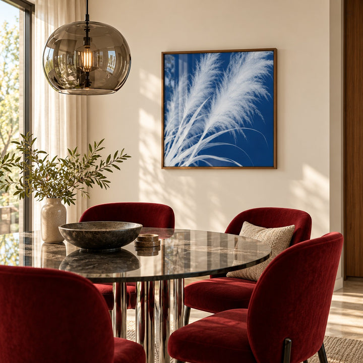 Pampas Grass Cyanotype Print styled in a dining room (frame not included)