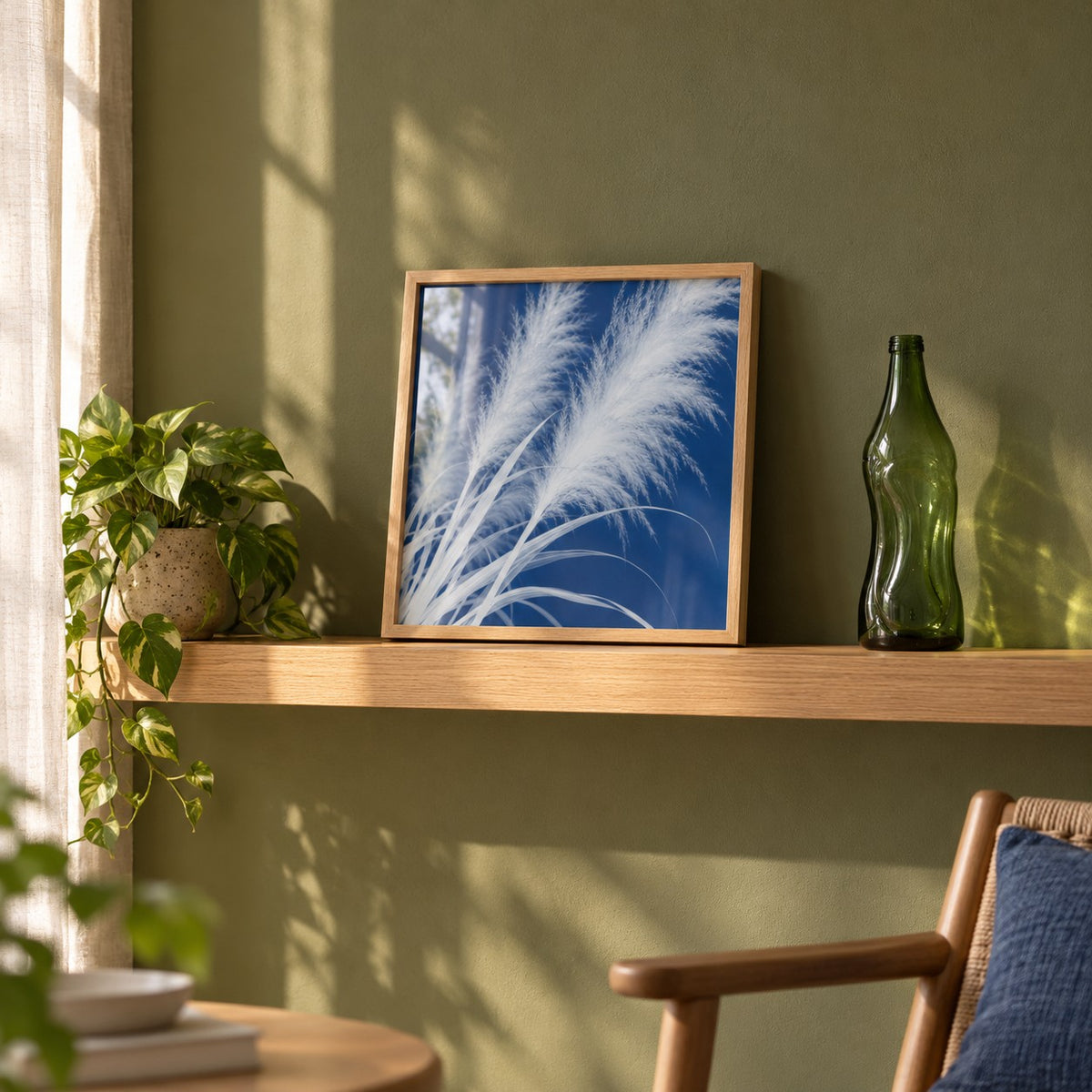Pampas Grass Cyanotype Print styled on a shelf against a green wall (frame not included)