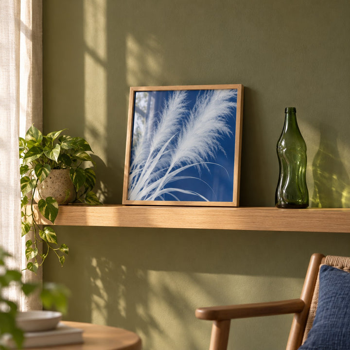 Pampas Grass Cyanotype Print styled on a shelf against a green wall (frame not included)