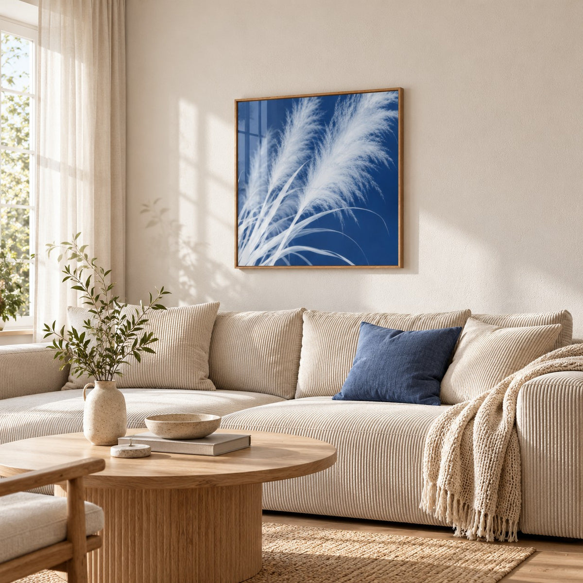 Pampas Grass Cyanotype Print styled in a living room (frame not included)