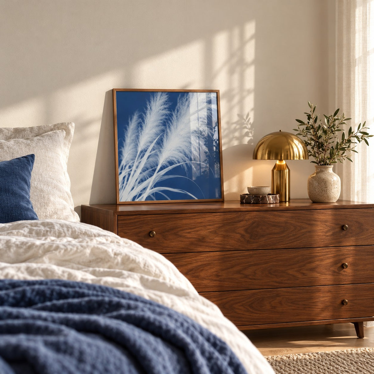 Pampas Grass Cyanotype Print styled in a bedroom (frame not included)