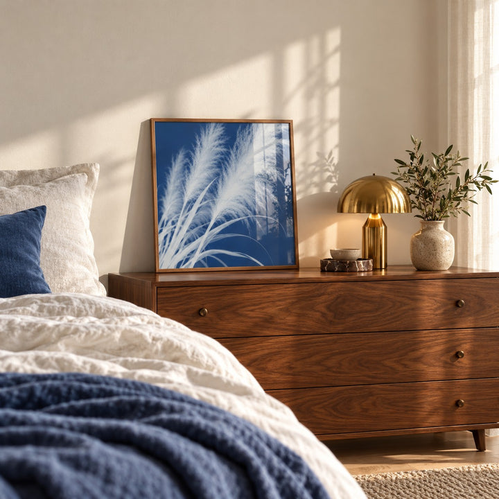 Pampas Grass Cyanotype Print styled in a bedroom (frame not included)