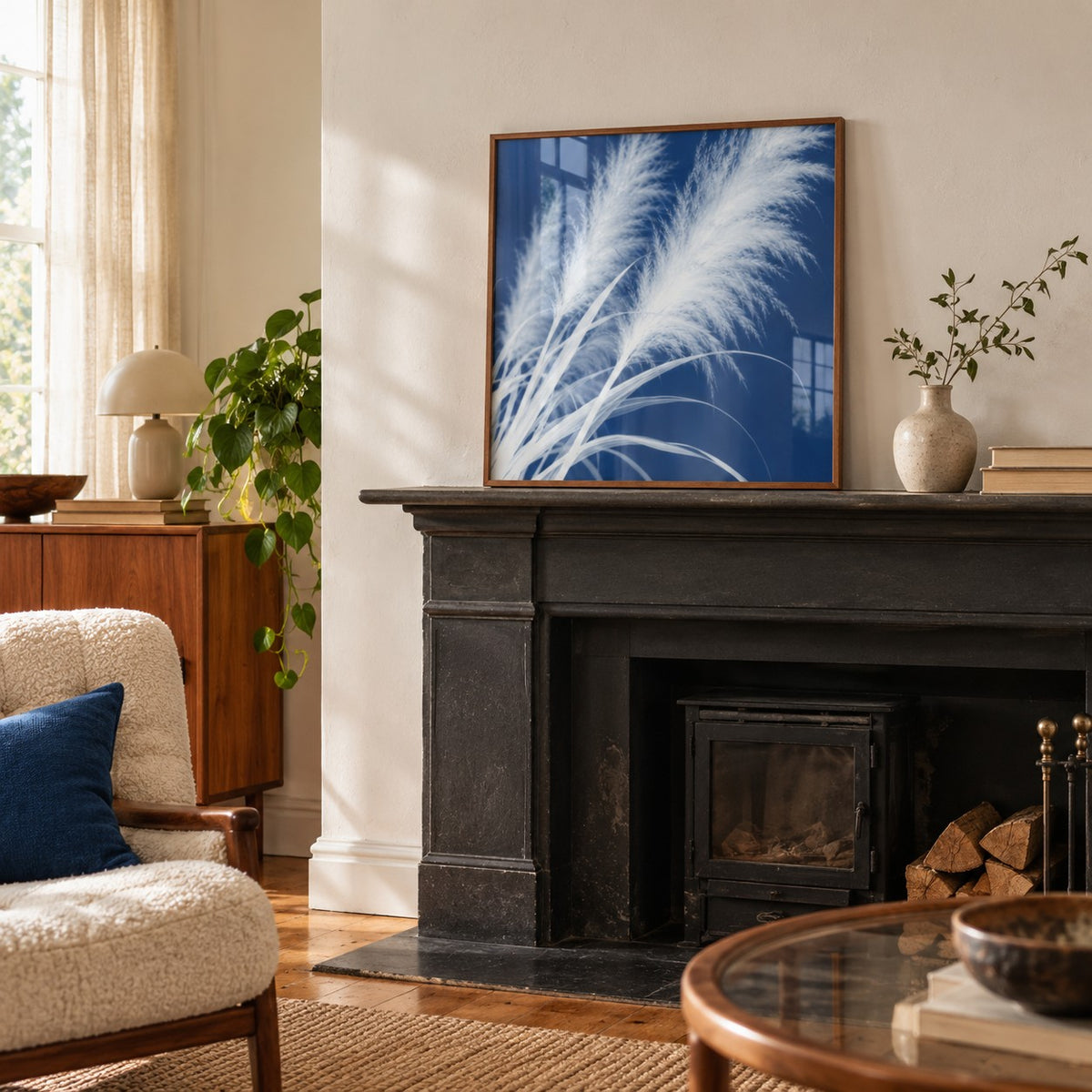 Pampas Grass Cyanotype Print styled on a mantelpiece (frame not included)