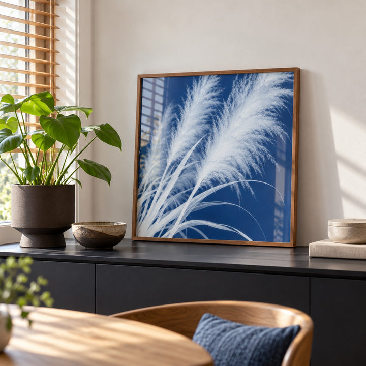 Pampas Grass Cyanotype Print styled on a black sideboard (frame not included)